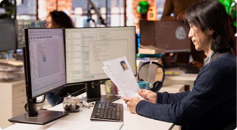 A man with dark hair sits at a desk in a busy office, carefully reviewing a paper resume while facing two computer monitors displaying lines of code.