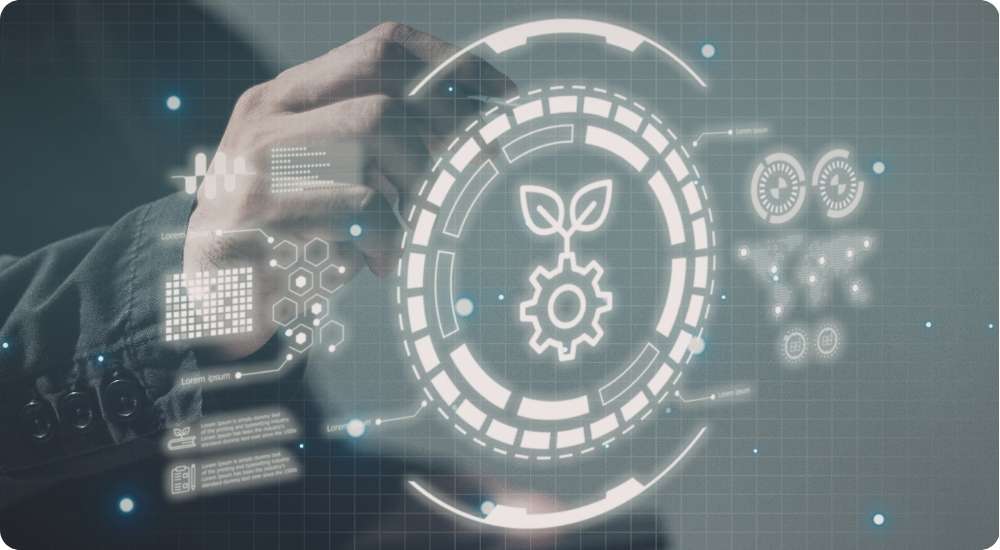 A person's hand interacting with a futuristic holographic interface displaying a digital icon of a gear combined with a growing sprout, symbolizing a mature technology organization, growth, and sustainable strategy.