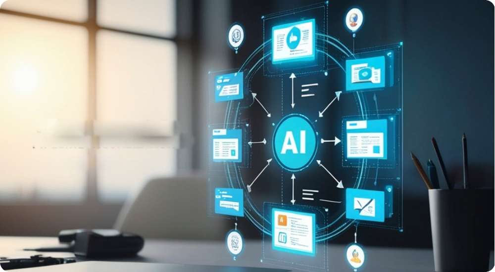 A holographic digital interface displaying a network diagram centered around the text "AI", with connected icons representing different stages of augmented recruitment processes in an office setting.