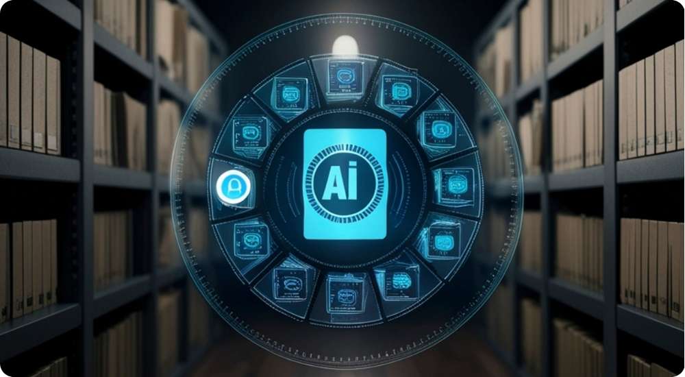 A digital visualization of an AI interface overlaid on a library setting, with a central AI icon surrounded by other icons like a person and chat bubbles, symbolizing the ethical considerations of artificial intelligence in hiring decisions.