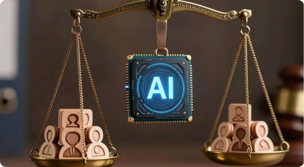 A close-up shot of a brass justice scale balancing a glowing blue artificial intelligence microchip against a stack of wooden human resources candidate profile icons, symbolizing the governance and ethical balance of AI in talent acquisition and the legal system.