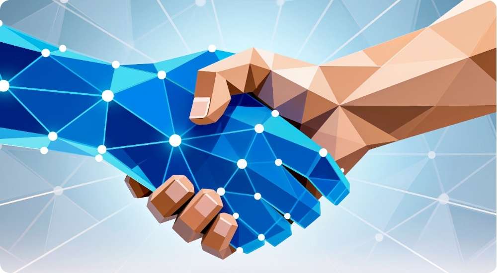 A human hand shakes hands with a blue, digitally generated hand with a network pattern and glowing white connection points, symbolizing artificial intelligence and human collaboration in a business or recruitment context.