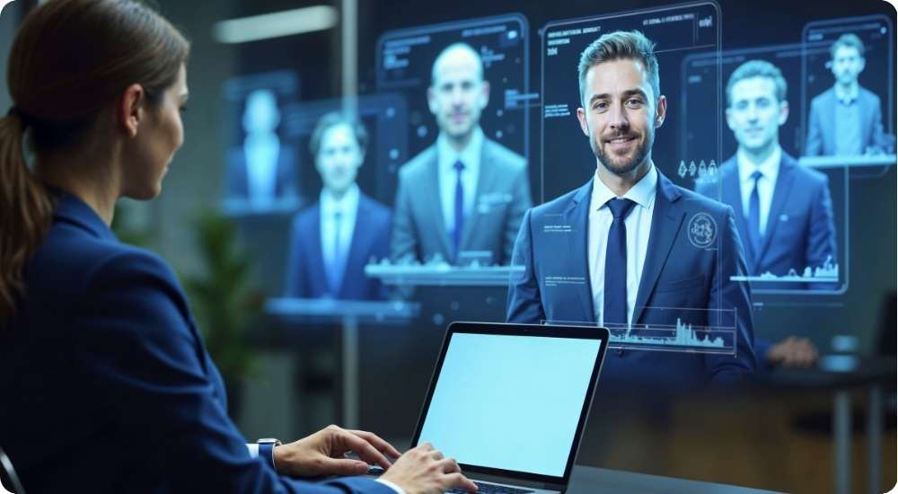 A business professional in a suit uses a laptop to interact with a digital interface displaying multiple virtual candidate profiles in a modern office, illustrating an online recruitment and human resources management system.