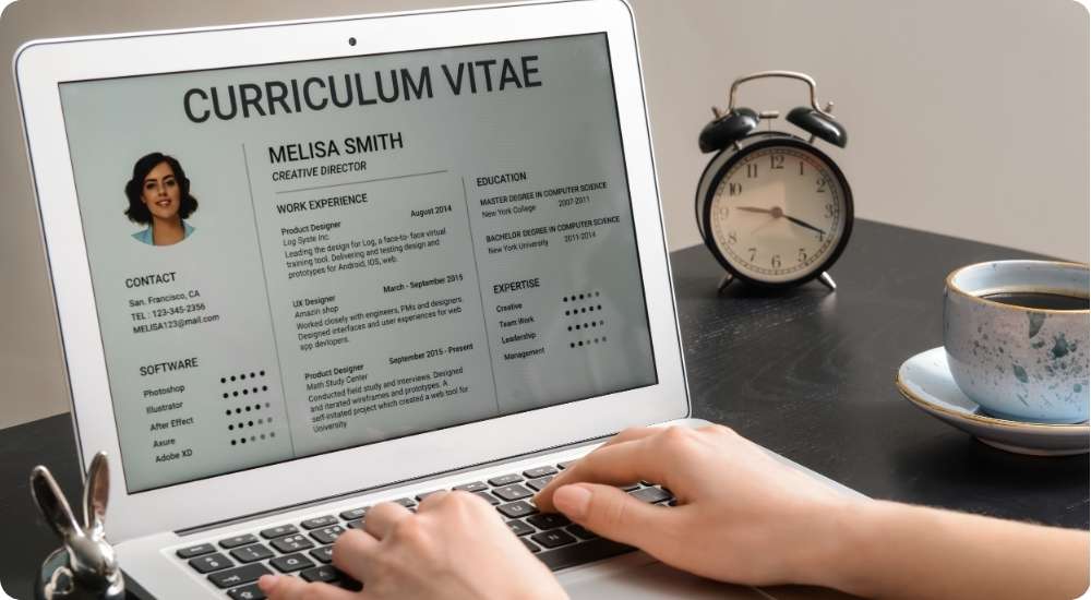 A person typing on a laptop computer that displays a professional resume template for a creative director role, with an alarm clock and coffee cup in the background, symbolizing the process of reviewing job applications.