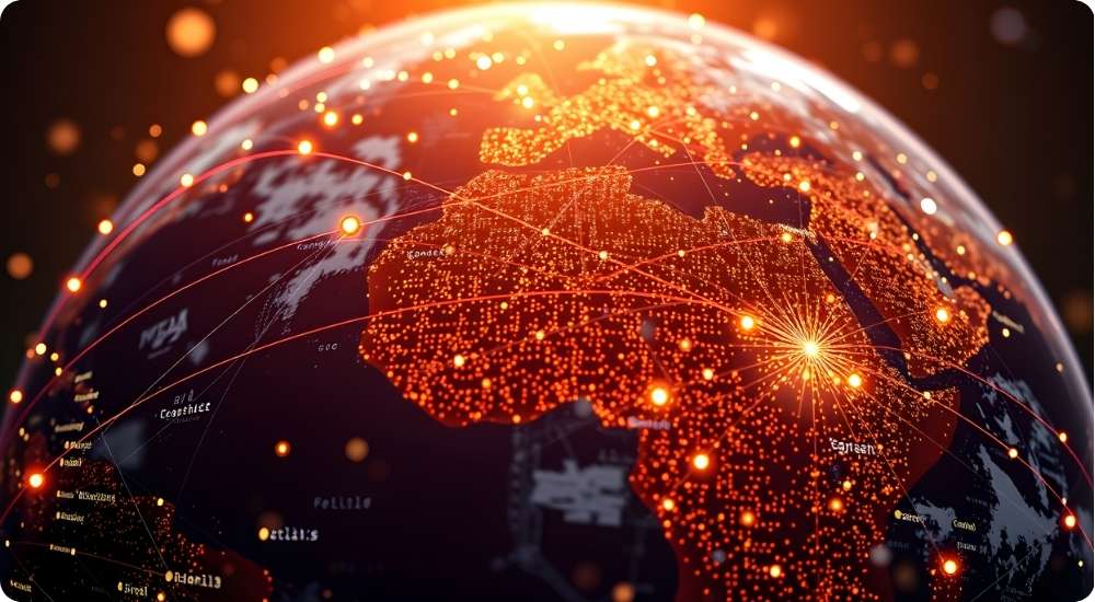 A digital visualization of a glowing, orange-lit globe with light trails connecting major cities and regions, symbolizing a global technology network.