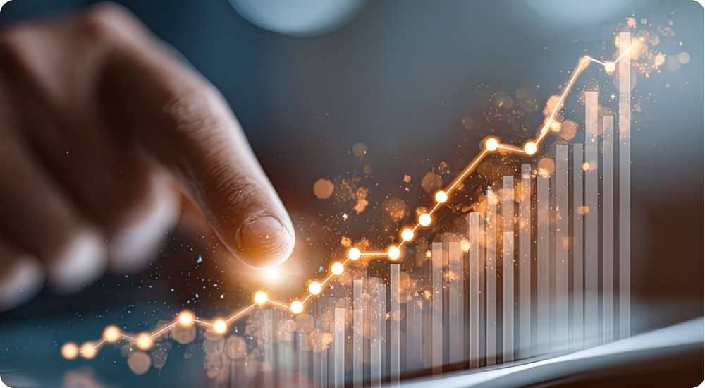 A close-up shot of a person using their finger to interact with an upward-trending digital business growth graph displayed on a tablet screen.