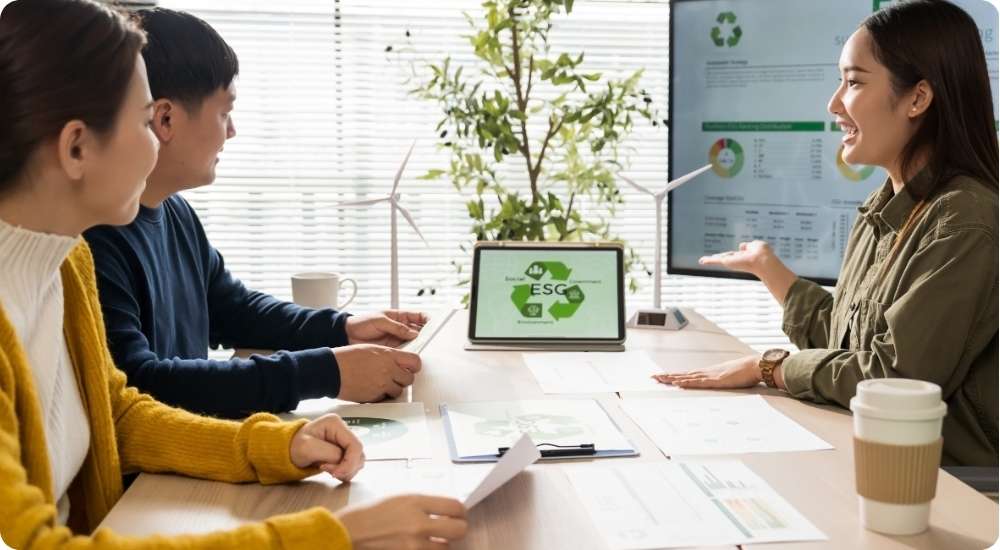 Three professionals in a modern office meeting room having a discussion, with a tablet displaying an ESG logo and a large screen showing charts in the background, symbolizing a discussion about sustainable business strategies or product leadership hiring.