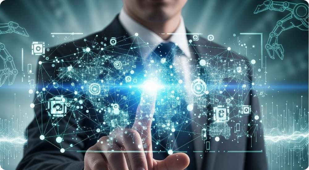 A business professional in a suit interacting with a futuristic, holographic digital interface overlaid with networking lines, data points, and technology icons, symbolizing hiring strategies for emerging technologies.