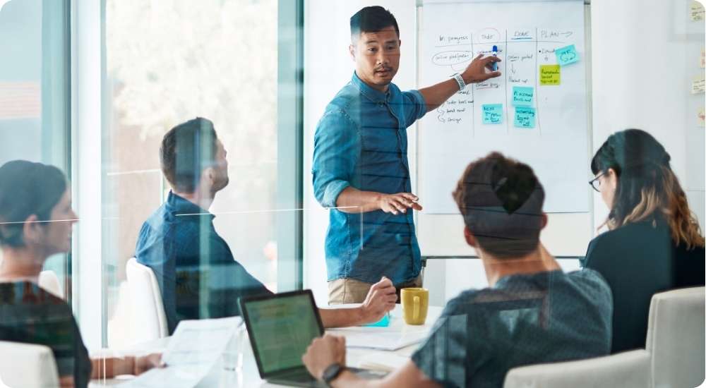 A diverse team of five professionals collaborating in a modern office meeting room, with one man pointing to a whiteboard covered in sticky notes and diagrams, symbolizing long-term strategic planning.