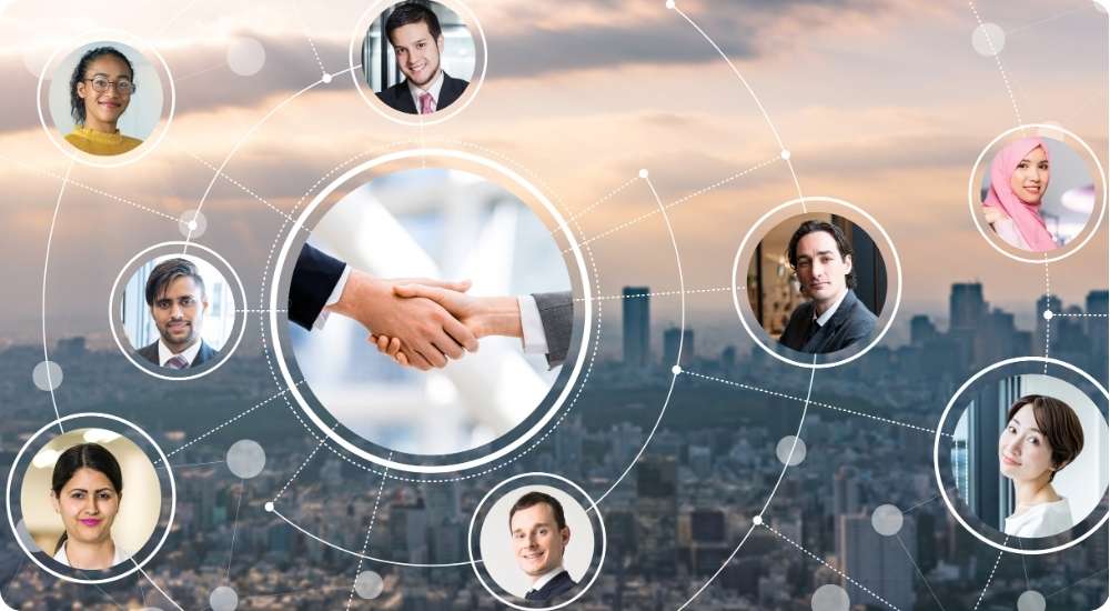 A digital illustration of a global talent network, featuring portraits of diverse professionals in circles connected by lines over a cityscape background, with a central handshake symbolizing international collaboration.
