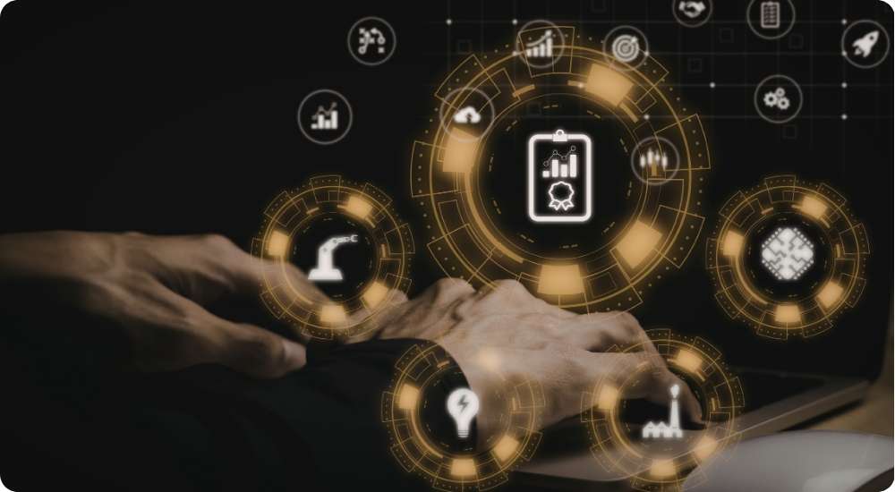 A person's hands interact with a futuristic digital interface displaying a network of interconnected icons for business functions, including human resources, automation, and data analysis, symbolizing the strategic management of a complex and large-scale workforce using technology.