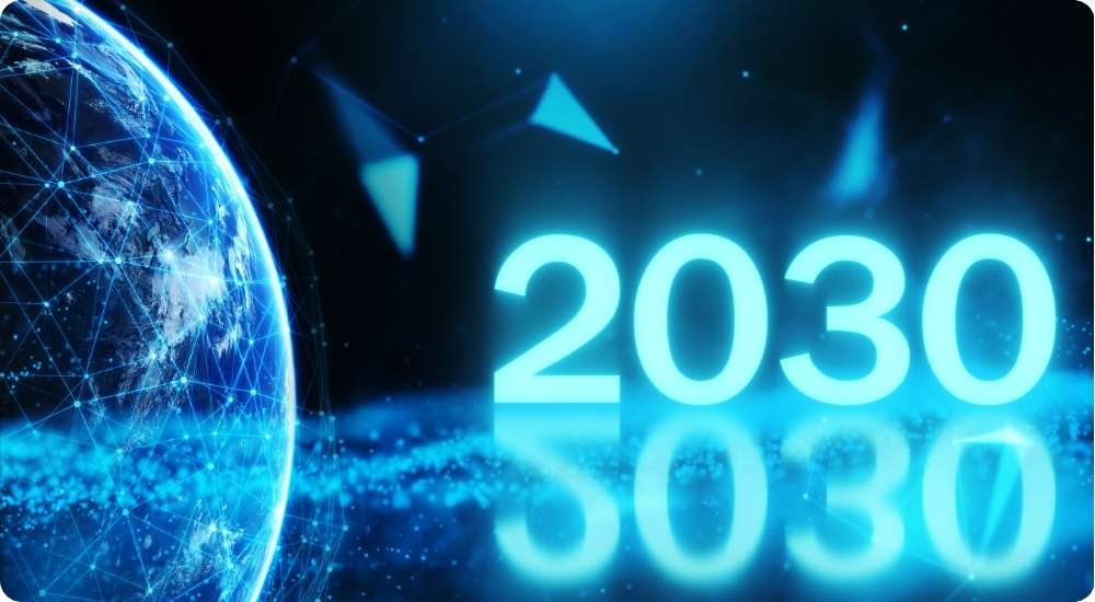 A digital graphic showing a glowing blue, networked Earth on the left, and the large numbers 2030 prominently displayed in the center, reflecting a futuristic technology or business theme.