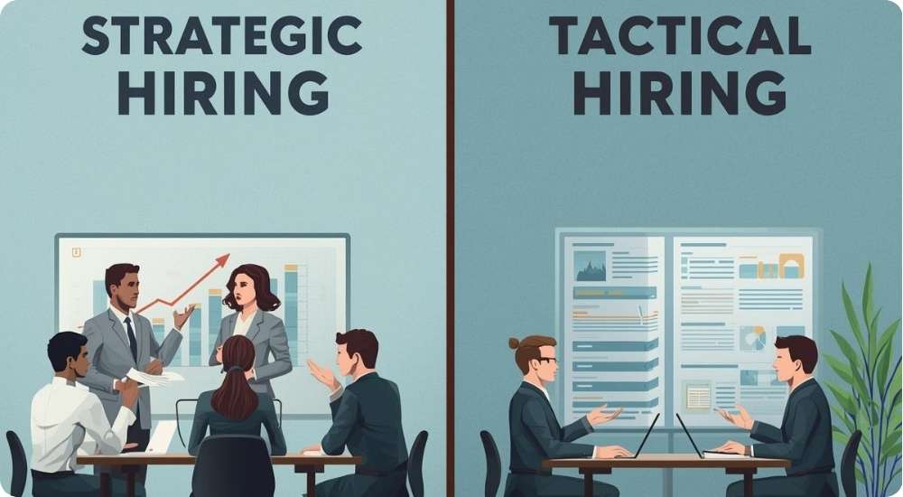 A split image illustrating two different hiring approaches. The left side, titled 'Strategic Hiring', shows a team of four professionals collaborating and discussing a growth chart. The right side, titled 'Tactical Hiring', shows two people having a one-on-one discussion with laptops and documents, illustrating a more immediate, task-oriented approach.