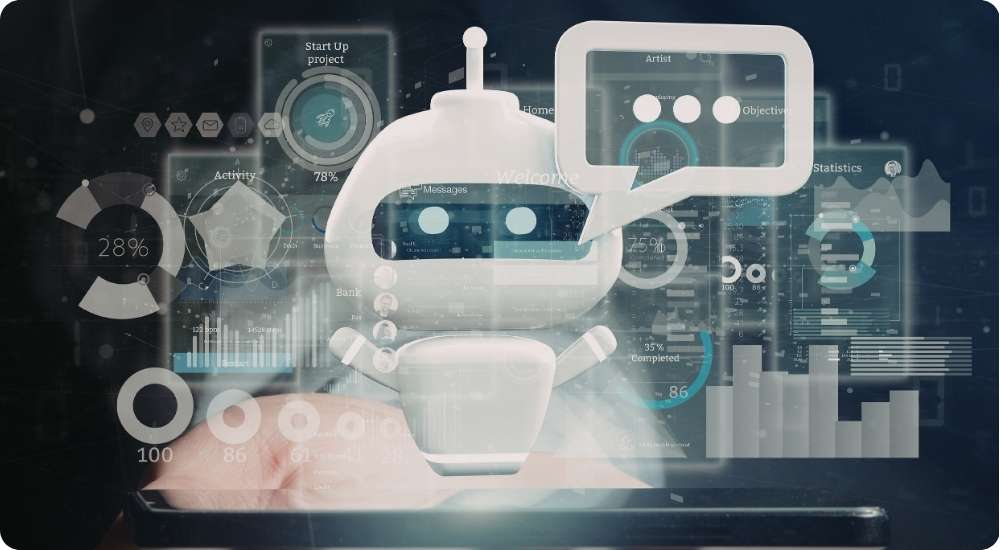 A 3D illustration of a white robot interacting with a futuristic augmented reality interface displaying various graphs, statistics, and data points, symbolizing the use of artificial intelligence and data for talent intelligence.
