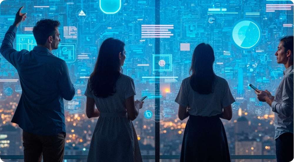 A group of four business professionals stand by a large glass window overlooking a city skyline at night, collaborating and gesturing towards abstract blue digital interface graphics and data visualizations overlaid on the glass, symbolizing technology and business strategy discussions.