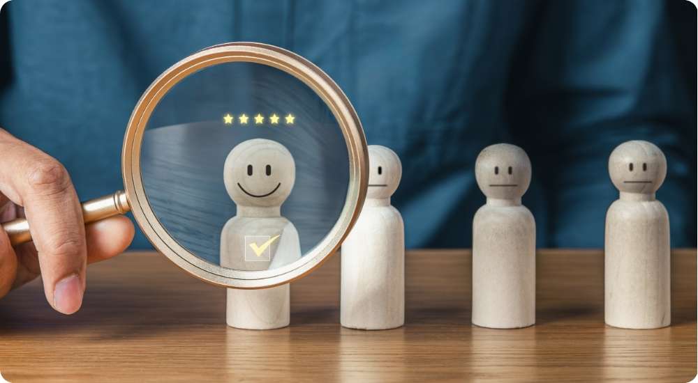 A person uses a magnifying glass to examine a wooden figure with a smiling face and five stars above its head, while other figures with neutral expressions stand nearby, symbolizing employee evaluation, customer satisfaction, and selecting a high-quality candidate in a business context.