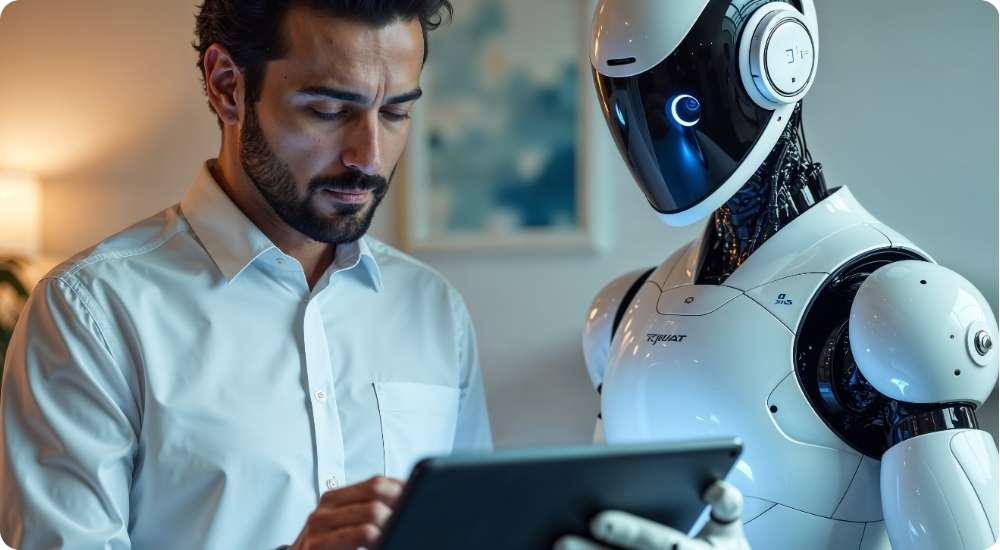 A business professional and a white humanoid robot examine data together on a digital tablet in an office setting, symbolizing the integration of artificial intelligence and human expertise in making strategic decisions.