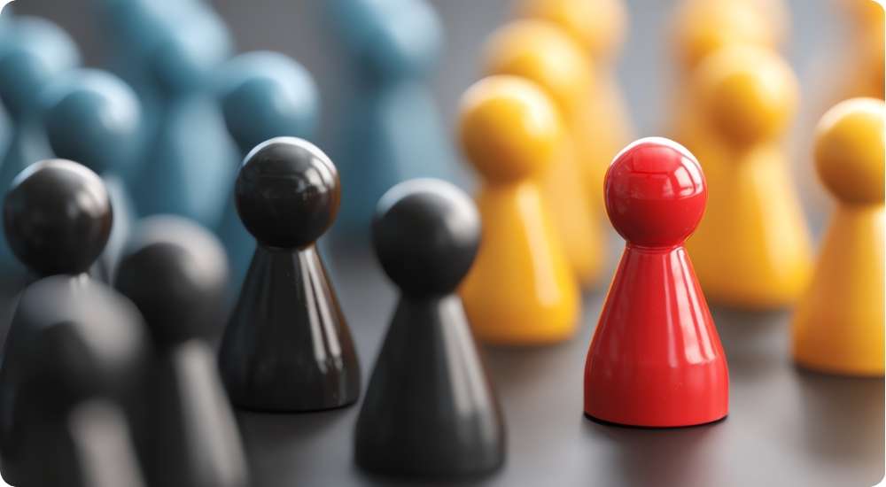 A close up photograph of several game pawns (grey, yellow, and blue), with one bright red pawn standing prominently in the foreground, symbolizing a leader, unique talent, or a competitive advantage.
