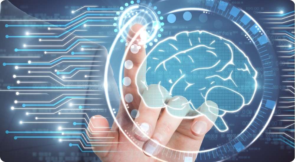 A human hand interacts with a futuristic digital interface featuring a graphic of a human brain with integrated circuit board lines and network connections, symbolizing artificial intelligence and data analysis in workforce intelligence and predictive hiring.