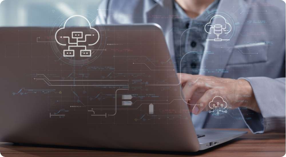 A professional works on a laptop with futuristic data and cloud computing icons overlaid on the screen, illustrating the concepts of long-term technology vision and recruitment strategies.