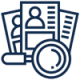 A line icon depicting a magnifying glass positioned in front of a stack of documents, each featuring a profile silhouette to represent a search for candidates or resumes.