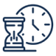 A dark blue line icon featuring an hourglass in the foreground and a round clock face in the background, representing recruitment time or time management.