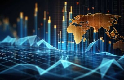 An abstract digital visualization of global financial markets featuring a glowing orange world map, rising blue and orange bar charts, and a luminous blue grid in the foreground.