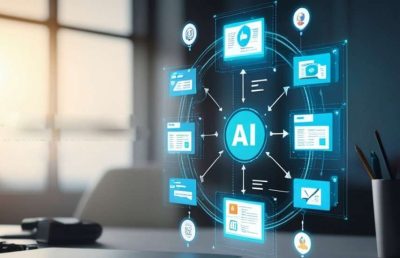 A holographic digital interface displaying a network diagram centered around the text "AI", with connected icons representing different stages of augmented recruitment processes in an office setting.