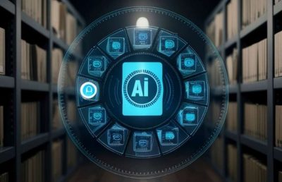 A digital visualization of an AI interface overlaid on a library setting, with a central AI icon surrounded by other icons like a person and chat bubbles, symbolizing the ethical considerations of artificial intelligence in hiring decisions.