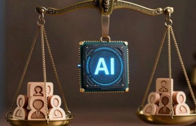 A close-up shot of a brass justice scale balancing a glowing blue artificial intelligence microchip against a stack of wooden human resources candidate profile icons, symbolizing the governance and ethical balance of AI in talent acquisition and the legal system.