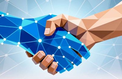 A human hand shakes hands with a blue, digitally generated hand with a network pattern and glowing white connection points, symbolizing artificial intelligence and human collaboration in a business or recruitment context.