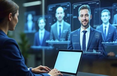 A business professional in a suit uses a laptop to interact with a digital interface displaying multiple virtual candidate profiles in a modern office, illustrating an online recruitment and human resources management system.