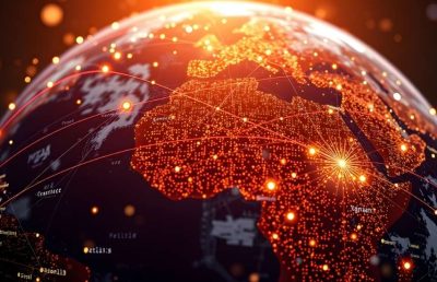 A digital visualization of a glowing, orange-lit globe with light trails connecting major cities and regions, symbolizing a global technology network.