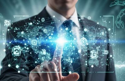 A business professional in a suit interacting with a futuristic, holographic digital interface overlaid with networking lines, data points, and technology icons, symbolizing hiring strategies for emerging technologies.