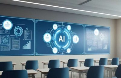 An empty classroom or meeting room featuring large digital screens displaying a complex AI-themed data visualization with flow charts and graphs.