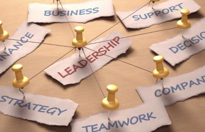 An overhead photograph of torn paper notes featuring business terms like "Leadership," "Strategy," and "Teamwork," which are pinned to a wooden surface and connected by black threads, symbolizing an organizational chart or strategic connections.