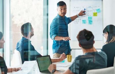A diverse team of five professionals collaborating in a modern office meeting room, with one man pointing to a whiteboard covered in sticky notes and diagrams, symbolizing long-term strategic planning.