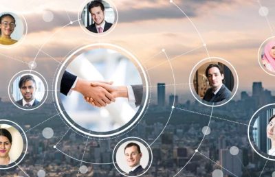 A digital illustration of a global talent network, featuring portraits of diverse professionals in circles connected by lines over a cityscape background, with a central handshake symbolizing international collaboration.