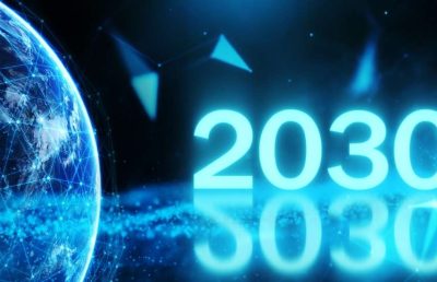 A digital graphic showing a glowing blue, networked Earth on the left, and the large numbers 2030 prominently displayed in the center, reflecting a futuristic technology or business theme.