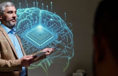 A business professional presents using a tablet, gesturing toward a large projection of a human brain with an integrated microchip, symbolizing artificial intelligence and future technology in a corporate meeting or educational setting.