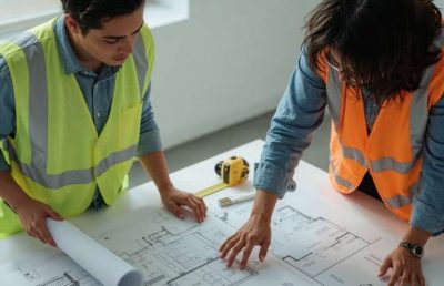 Two professionals, likely engineers or architects, wearing high-visibility vests and reviewing a rolled-out architectural blueprint together at a white table.