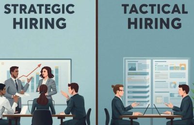 A split image illustrating two different hiring approaches. The left side, titled 'Strategic Hiring', shows a team of four professionals collaborating and discussing a growth chart. The right side, titled 'Tactical Hiring', shows two people having a one-on-one discussion with laptops and documents, illustrating a more immediate, task-oriented approach.