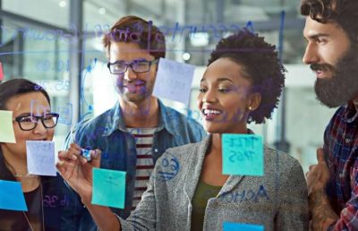 A diverse team of four business professionals collaboratively adding colorful sticky notes and writing on a glass whiteboard during a strategic planning meeting.