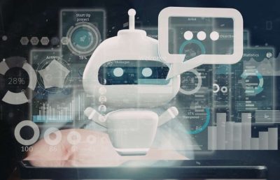 A 3D illustration of a white robot interacting with a futuristic augmented reality interface displaying various graphs, statistics, and data points, symbolizing the use of artificial intelligence and data for talent intelligence.