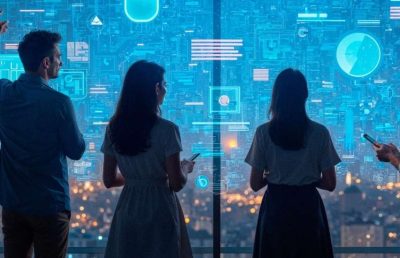 A group of four business professionals stand by a large glass window overlooking a city skyline at night, collaborating and gesturing towards abstract blue digital interface graphics and data visualizations overlaid on the glass, symbolizing technology and business strategy discussions.