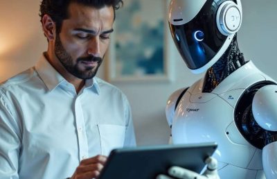 A business professional and a white humanoid robot examine data together on a digital tablet in an office setting, symbolizing the integration of artificial intelligence and human expertise in making strategic decisions.