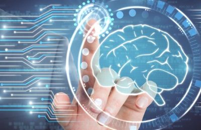 A human hand interacts with a futuristic digital interface featuring a graphic of a human brain with integrated circuit board lines and network connections, symbolizing artificial intelligence and data analysis in workforce intelligence and predictive hiring.